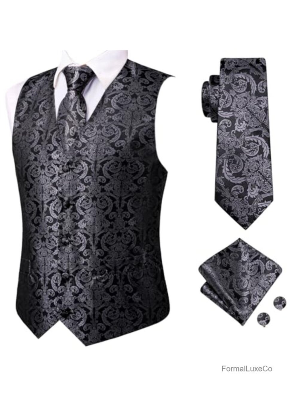 Men's Formal Vest Tie Set V-Neck Sleeveless Suit Vest with Tie Pocket Square